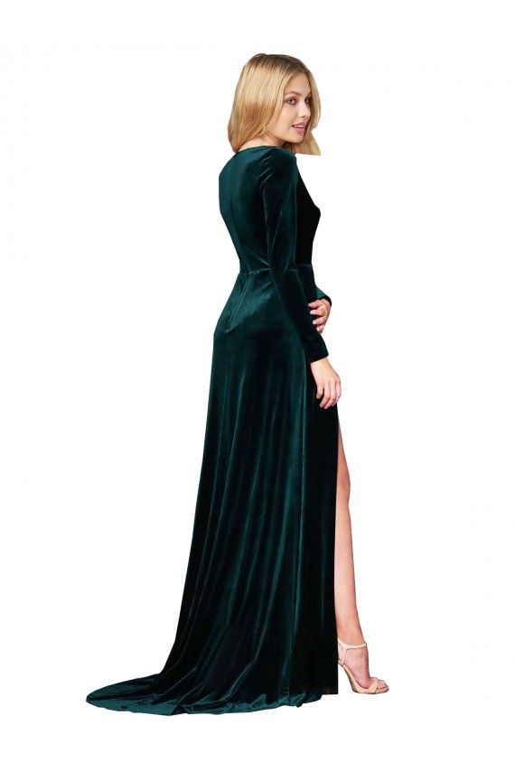 Long Sleeves V-Neck Stretch Velvet Dark Green Sweep Train Black Tie Evening Dress Canada Clearance