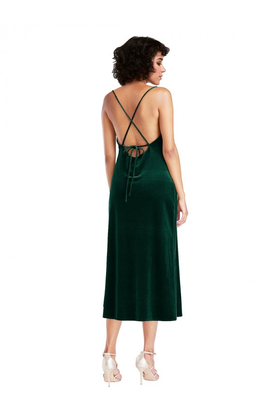 Sleeveless Cowl Neck Stretch Velvet Dark Green Midi Length Black Tie Evening Dress Canada Clearance