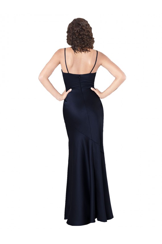 Sleeveless Cowl Neck Silky Satin Dark Navy Long Black Tie Evening Dress Canada Clearance