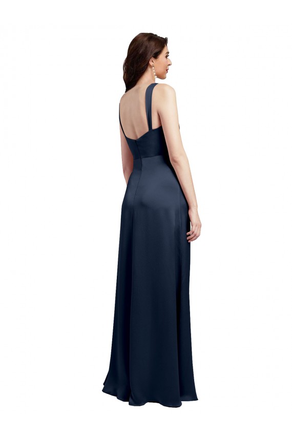 Sleeveless Cowl Neck Stretch Satin Dark Navy Long Formal Evening Dress Canada Clearance