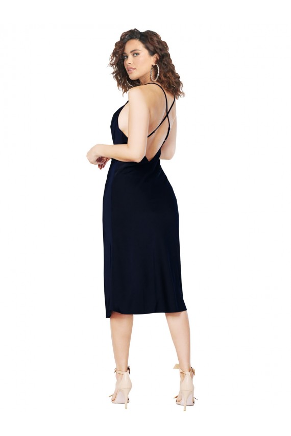 Sleeveless Cowl Neck Silky Satin Dark Navy Midi Length Formal Evening Dress Canada Clearance