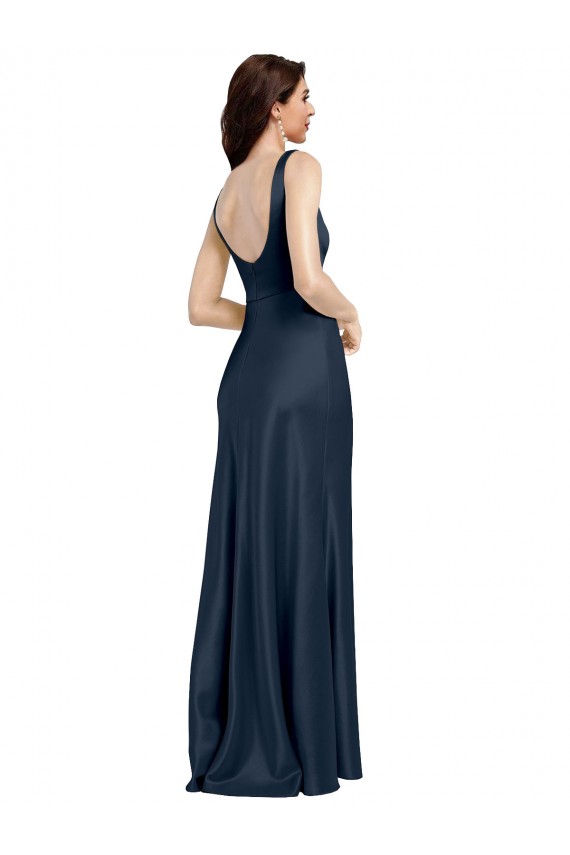 Sleeveless Square Neck Stretch Satin Dark Navy Long Formal Evening Dress Canada Clearance