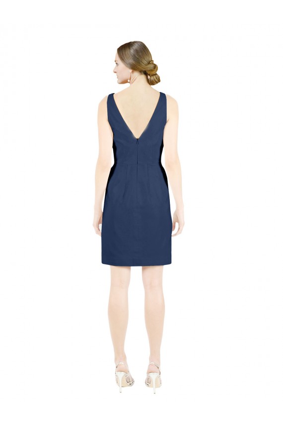 Sleeveless V-Neck Satin Dark Navy Knee Length Evening Dress Canada Clearance