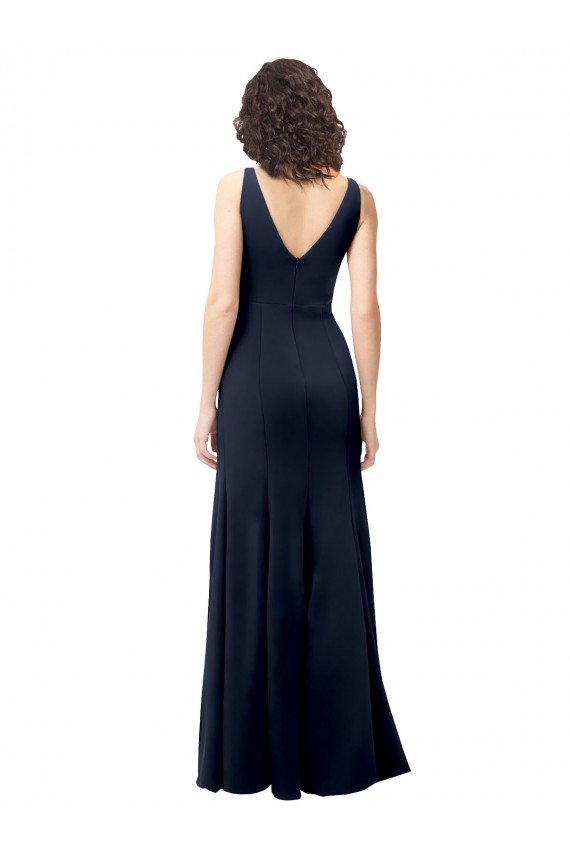 Sleeveless High Neck Stretch Crepe Dark Navy A-Line Long Formal Dress Canada Clearance