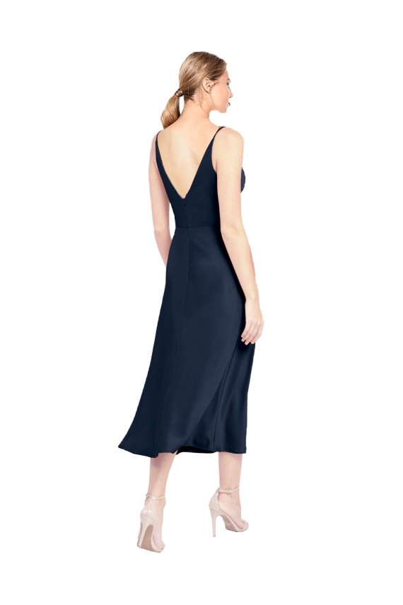 Sleeveless V-Neck Stretch Satin Dark Navy Midi Length Formal Evening Dress Canada Clearance