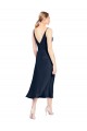 Sleeveless V-Neck Stretch Satin Dark Navy Midi Length Formal Evening Dress Canada Clearance