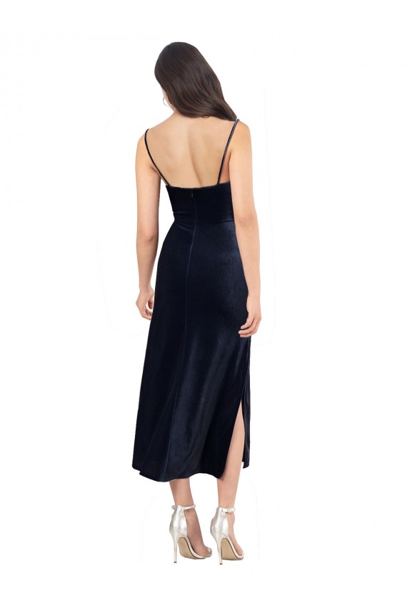 Sleeveless Cowl Neck Stretch Velvet Dark Navy Midi Length Formal Evening Dress Canada Clearance