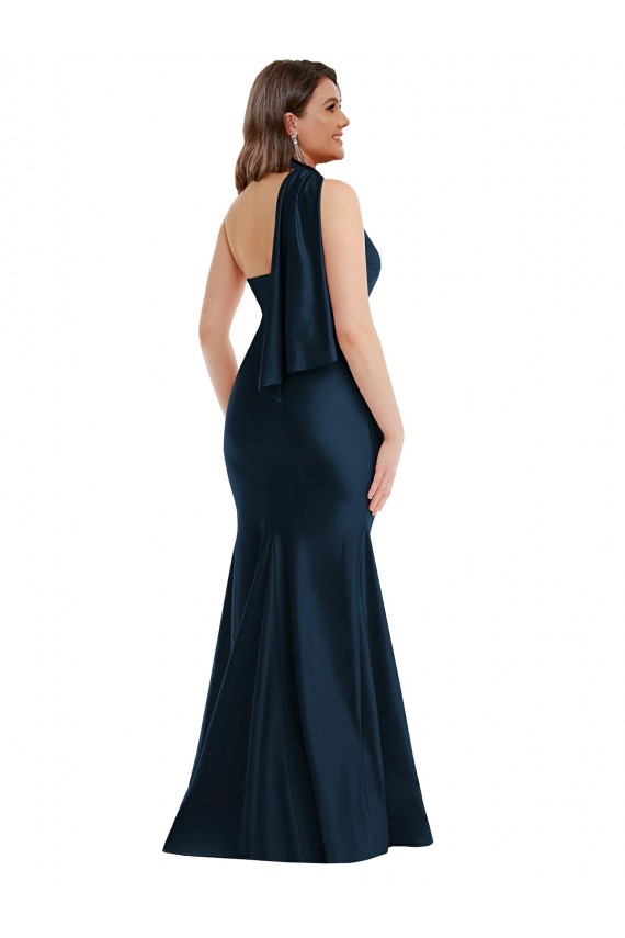 Sleeveless Halter Neck Silky Satin Dark Navy Long Formal Plus Size Evening Dress Canada Clearance