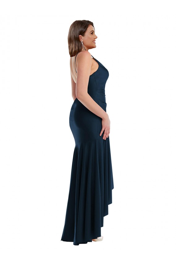 Sleeveless Spaghetti Straps Silky Satin Dark Navy Long High Low Plus Size Evening Dress Canada Clearance