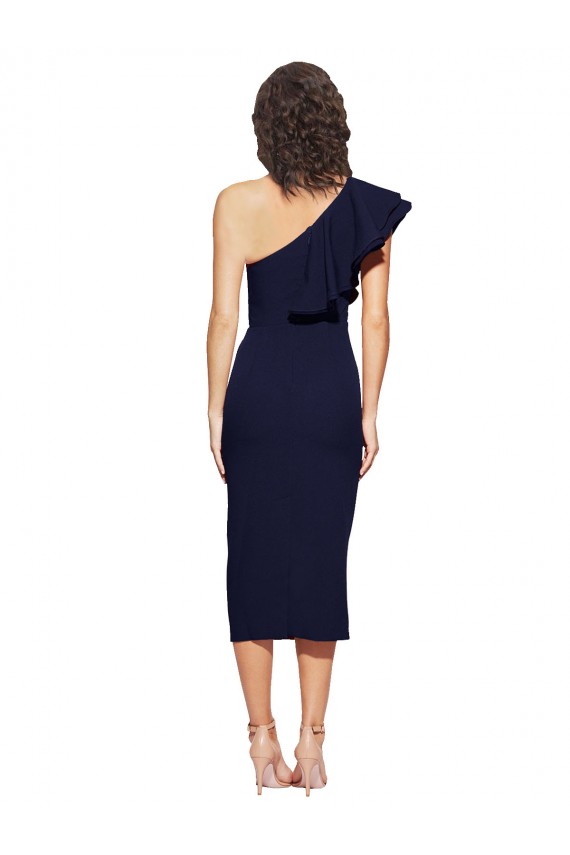 Sleeveless One Shoulder Stretch Crepe Dark Navy Midi Length Formal Evening Dress Canada Clearance