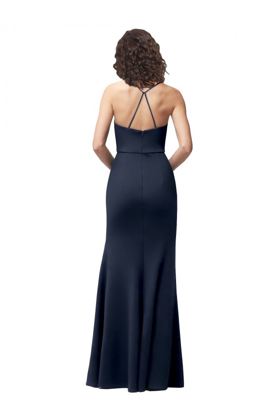 Sleeveless High Neck Stretch Crepe Dark Navy Long Formal Evening Dress Canada Clearance