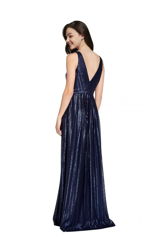 Sleeveless V-Neck Sequin Dark Navy Sheath Long Formal Evening Dress Canada Clearance