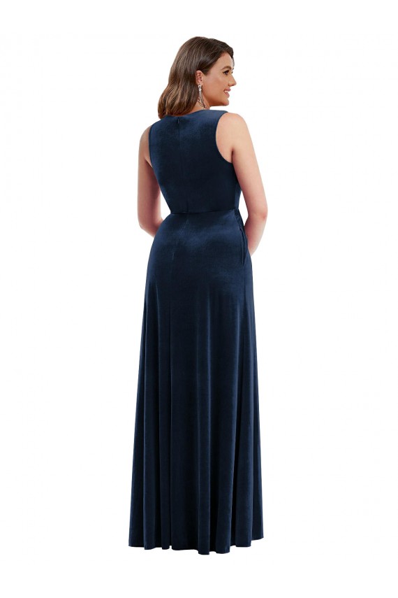Sleeveless V-Neck Stretch Velvet Dark Navy Long Formal Plus Size Evening Dress Canada Clearance