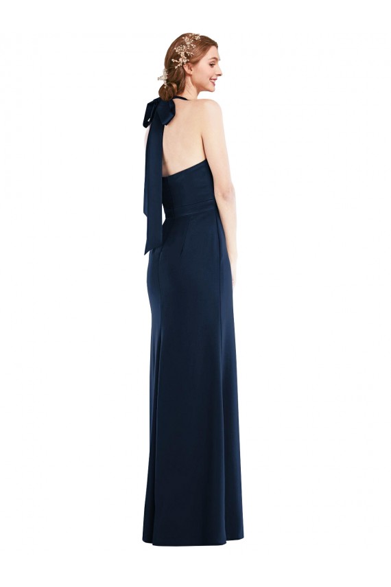 Sleeveless High Neck Stretch Crepe Dark Navy Long Semi Formal Evening Dress Canada Clearance