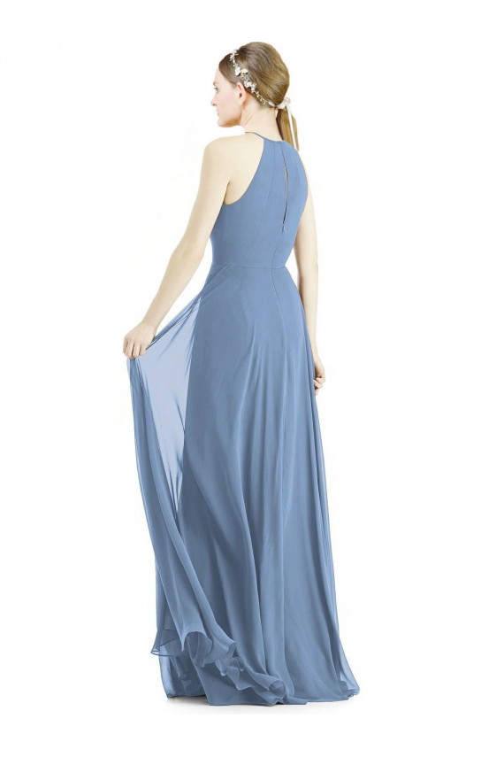 Sleeveless Halter Neck Soft Chiffon Dusty Blue Long Semi Formal Evening Dress Canada Clearance