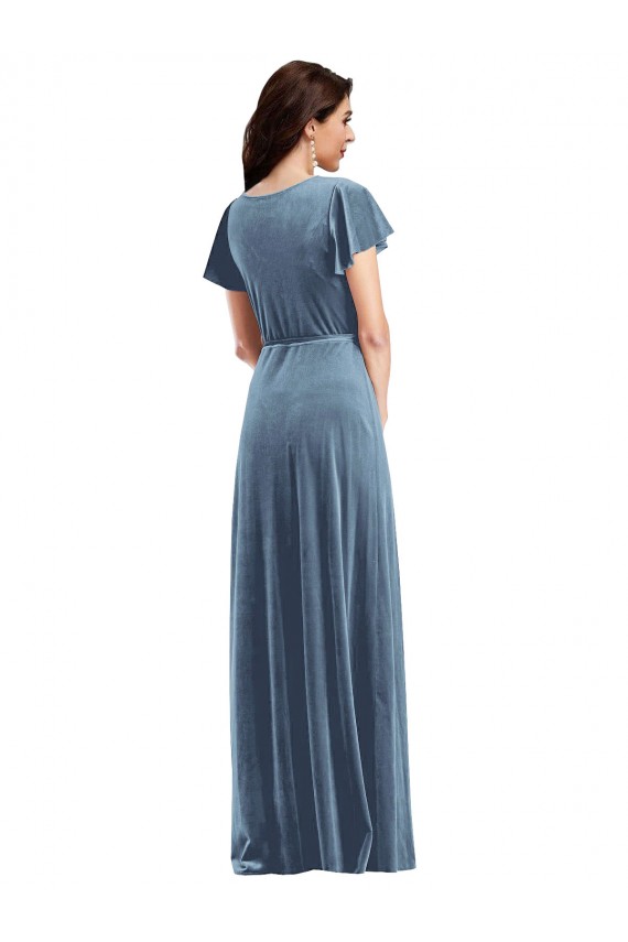 Flutter Sleeves V-Neck Stretch Velvet Dusty Blue Long Black Tie Evening Dress Canada Clearance
