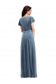 Flutter Sleeves V-Neck Stretch Velvet Dusty Blue Long Black Tie Evening Dress Canada Clearance