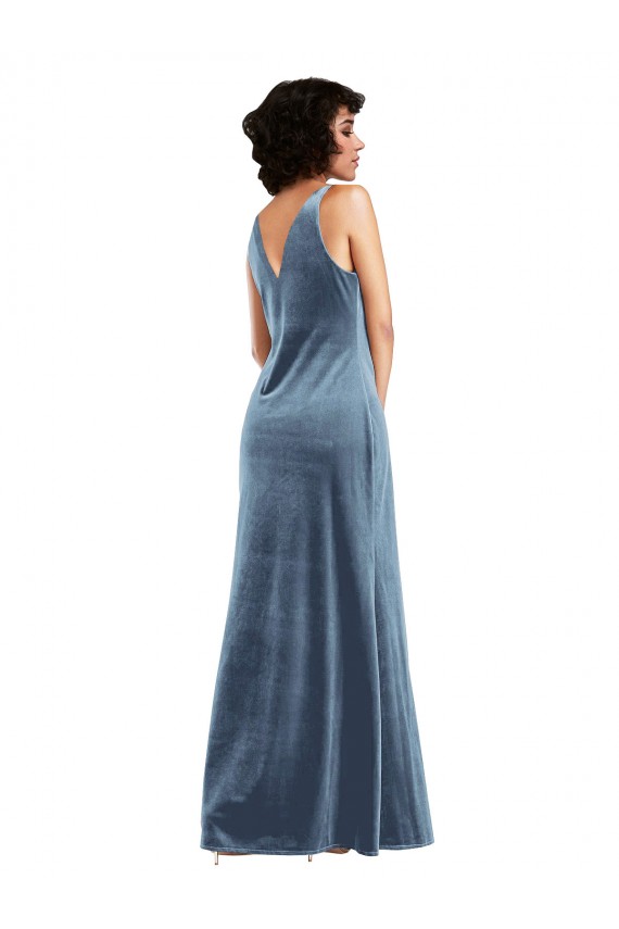 Sleeveless Cowl Neck Stretch Velvet Dusty Blue Long Evening Dress Canada Clearance