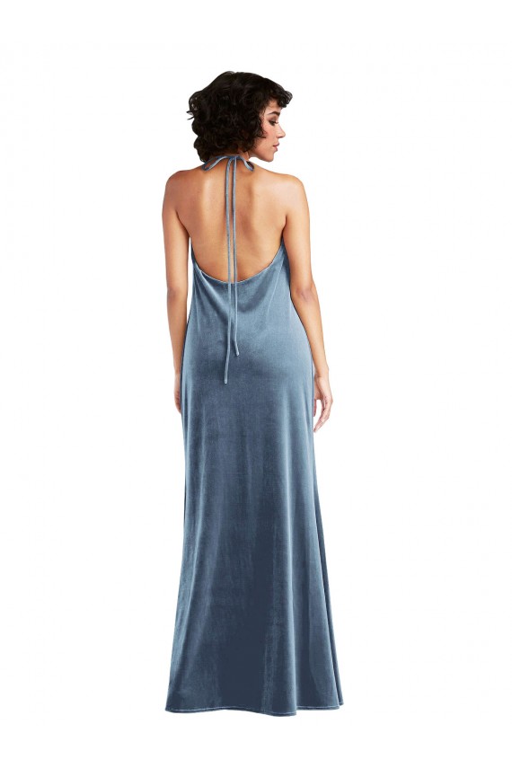 Sleeveless Cowl Neck Stretch Velvet Dusty Blue Long Evening Gowns Canada Clearance