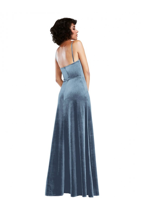 Sleeveless Cowl Neck Stretch Velvet Dusty Blue Long Semi Formal Evening Dress Canada Clearance