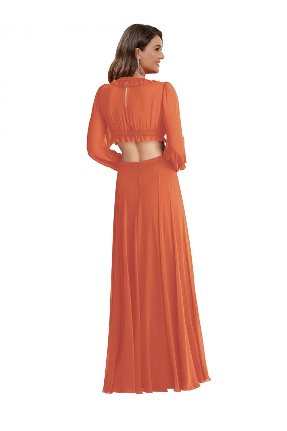 Long Sleeves V-Neck Soft Chiffon Firecracker Long High Low Evening Dress Canada Clearance