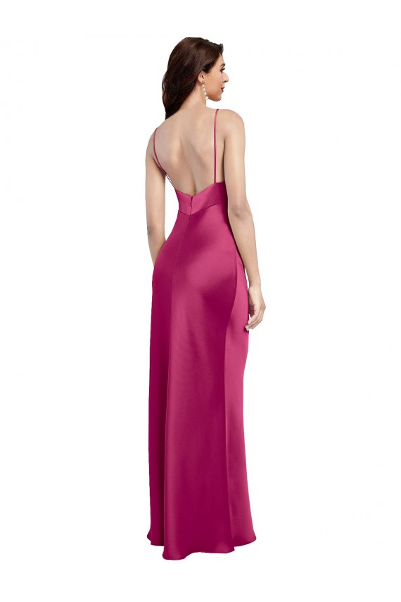 Sleeveless V-Neck Stretch Satin Fuchsia Long Formal Evening Dress Canada Clearance