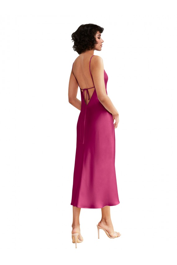Sleeveless V-Neck Stretch Satin Fuchsia Midi Length Formal Evening Dress Canada Clearance