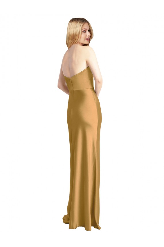 Sleeveless Strapless Stretch Satin Gold Long Formal Evening Dress Canada Clearance