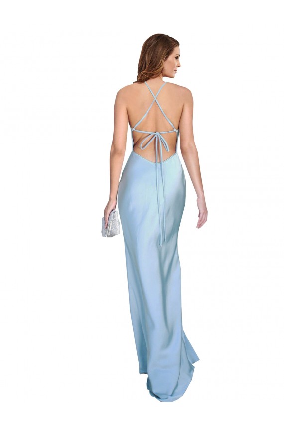 Sleeveless Cowl Neck Silky Satin Light Sky Blue Long Formal Evening Dress Canada Clearance