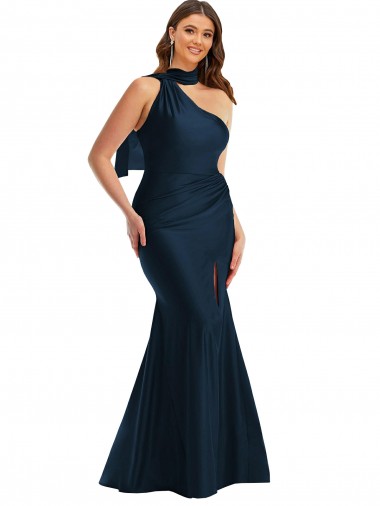 Sleeveless Halter Neck Silky Satin Dark Navy Long Formal Plus Size Evening Dress Canada Clearance