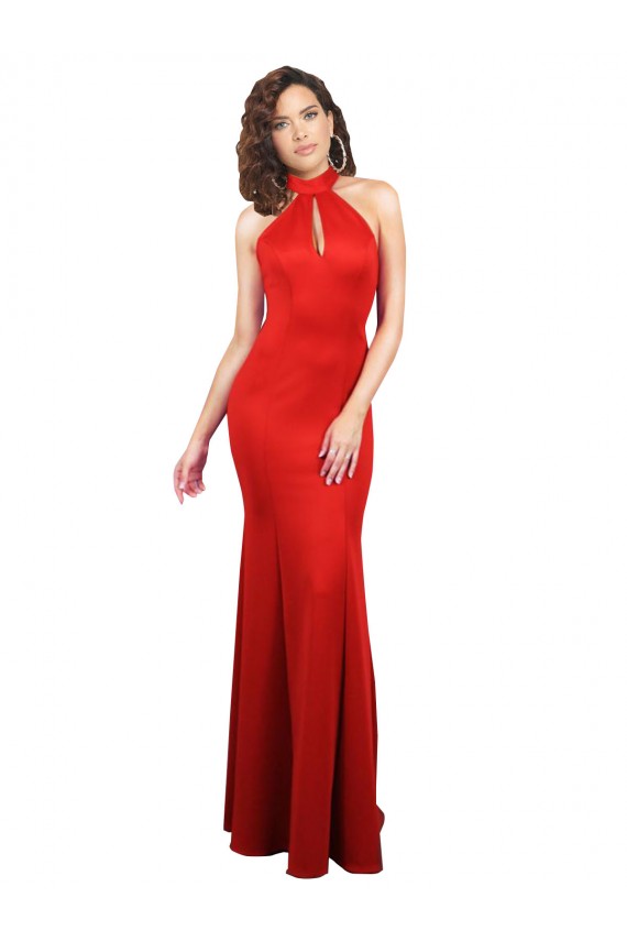 Sleeveless Halter Neck Stretch Satin Red Long Formal Evening Dress Canada Clearance