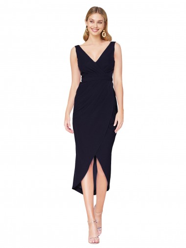 Sleeveless High Neck Stretch Crepe Dark Navy Knee Length High Low Evening Dress Canada Clearance