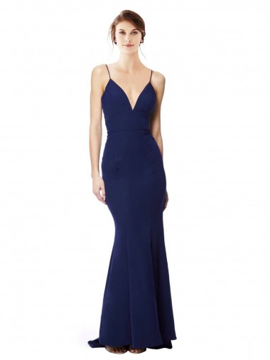 Sleeveless High Neck Stretch Crepe Navy Blue Long Formal Dress Canada Clearance