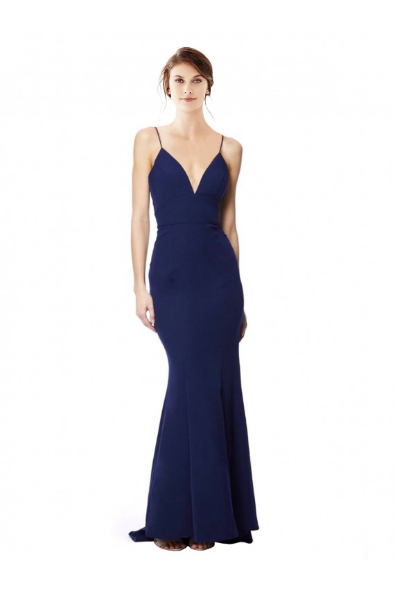 Sleeveless High Neck Stretch Crepe Navy Blue Long Formal Dress Canada Clearance