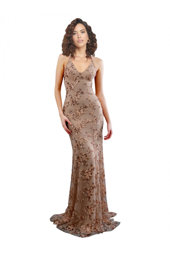 Sleeveless High Neck Stretch Crepe & Sequin Tulle Rose Gold Long Formal Evening Dress Canada Clearance