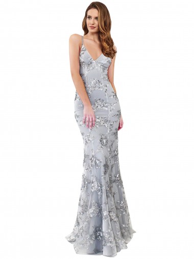 Sleeveless High Neck Stretch Crepe & Sequin Tulle Silver Long Formal Evening Dress Canada Clearance