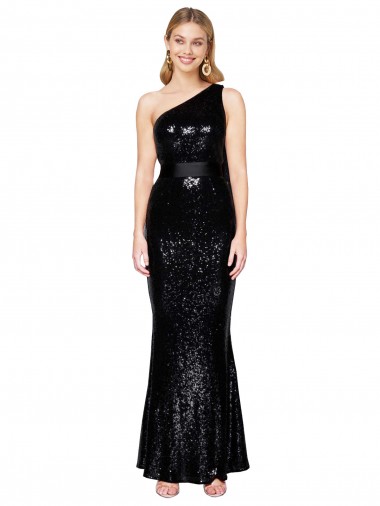 Sleeveless One Shoulder Sequin Black Long Formal Evening Dress Canada Clearance