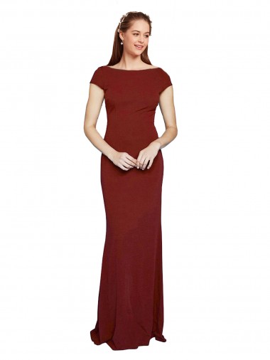 Cap Sleeves Round Neck Stretch Crepe Burgundy Long Formal Evening Dress Canada Clearance