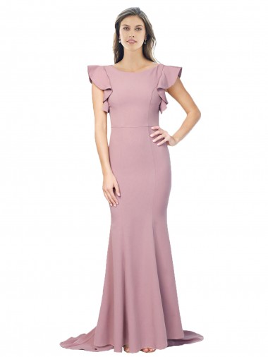 Flutter Sleeves Round Neck Stretch Crepe Dusty Pink Sweep Train Formal Evening Dress Canada Clearance