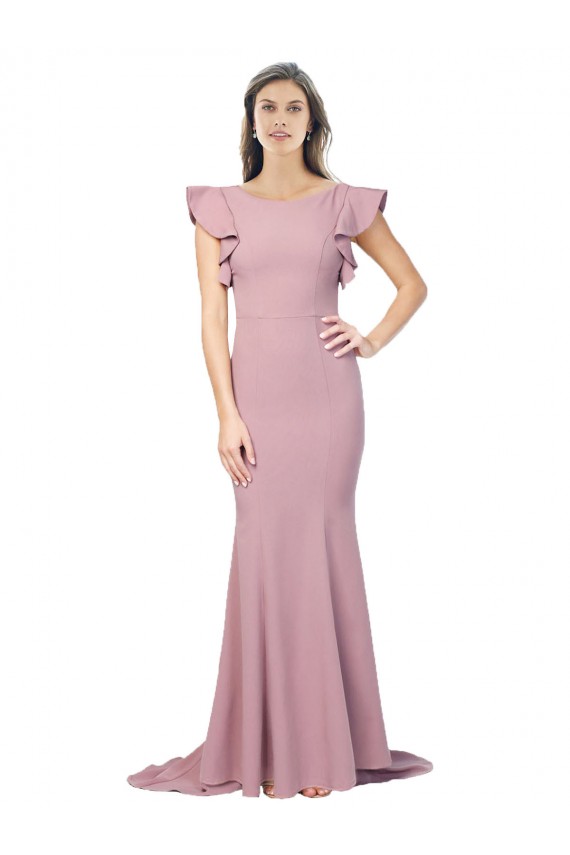 Flutter Sleeves Round Neck Stretch Crepe Dusty Pink Sweep Train Formal Evening Dress Canada Clearance