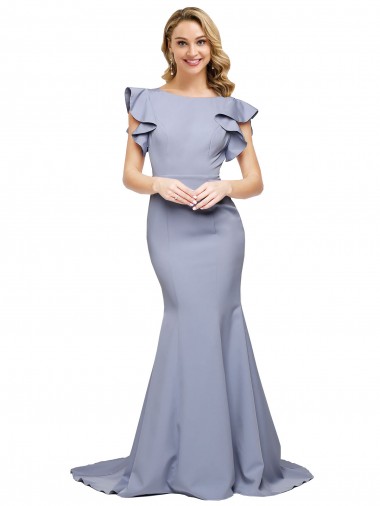 Sleeveless Round Neck Stretch Crepe Smoke Blue Sweep Train Formal Evening Dress Canada Clearance