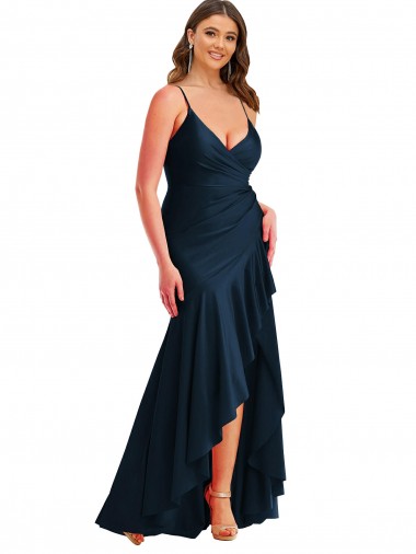 Sleeveless Spaghetti Straps Silky Satin Dark Navy Long High Low Plus Size Evening Dress Canada Clearance