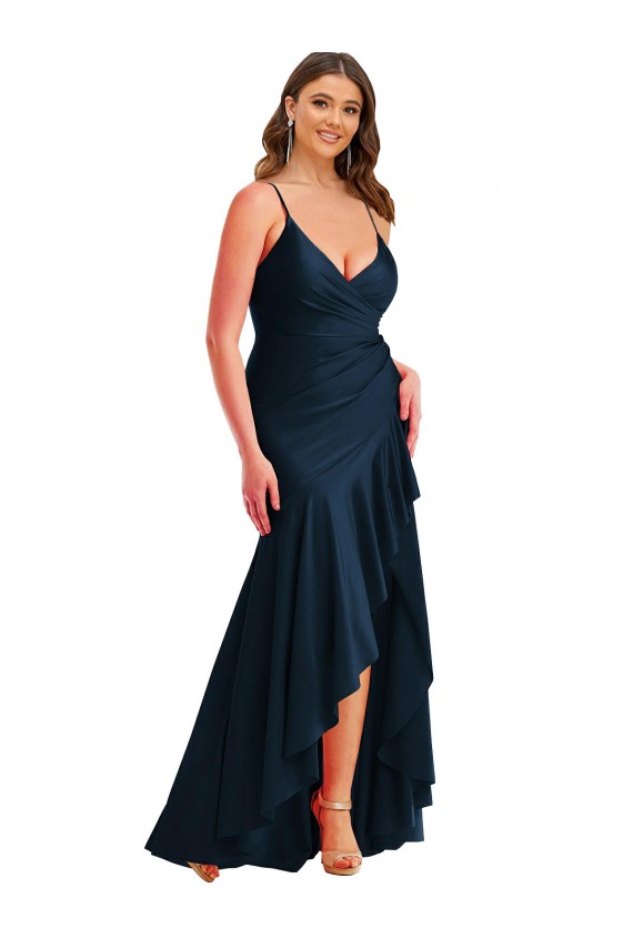 Sleeveless Spaghetti Straps Silky Satin Dark Navy Long High Low Plus Size Evening Dress Canada Clearance