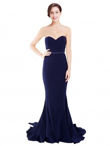 Sleeveless Strapless Stretch Crepe Dark Navy Mermaid Sweep Train Semi Formal Evening Dress Canada Clearance