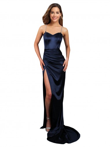 Sleeveless Sweetheart Stretch Satin Dark Navy Long Formal Evening Dress Canada Clearance