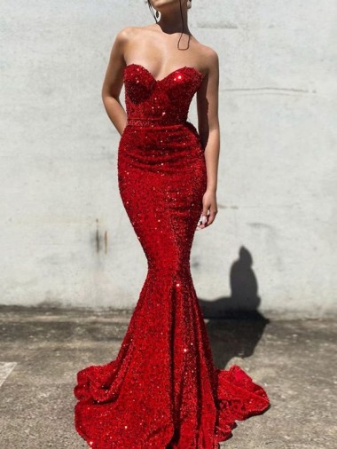 Sleeveless Sweetheart Velvet Sequin Burgundy Court Train Evening Gowns Canada Clearance