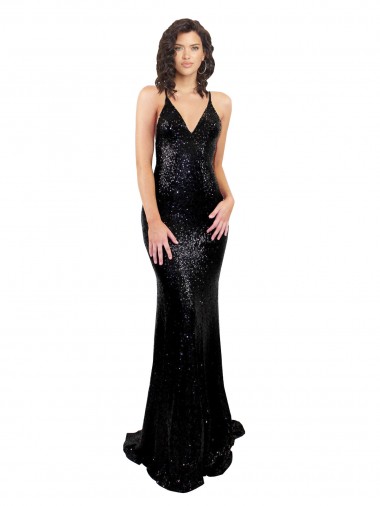 Sleeveless V-Neck Sequin Black Long Black Tie Evening Dress Canada Clearance
