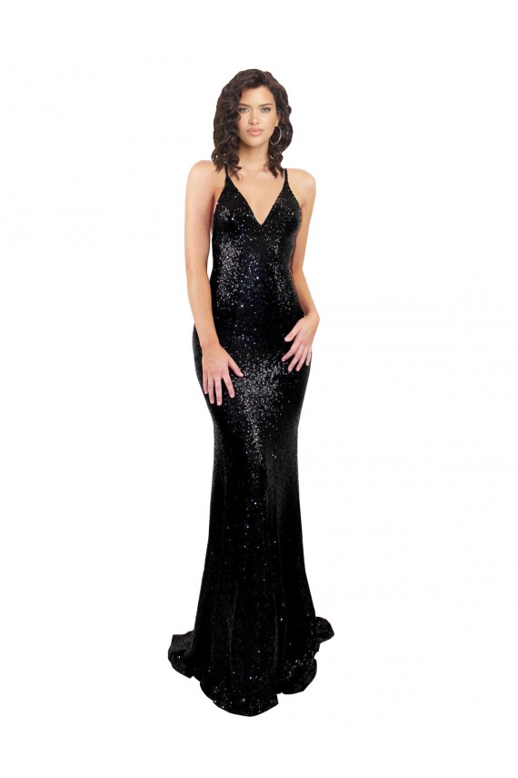 Sleeveless V-Neck Sequin Black Long Black Tie Evening Dress Canada Clearance