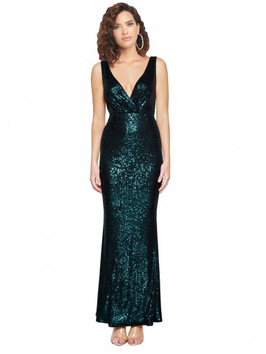 Sleeveless V-Neck Sequin Dark Green Long Evening Dress Canada Clearance