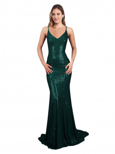 Sleeveless V-Neck Sequin Dark Green Mermaid Long Formal Evening Dress Canada Clearance